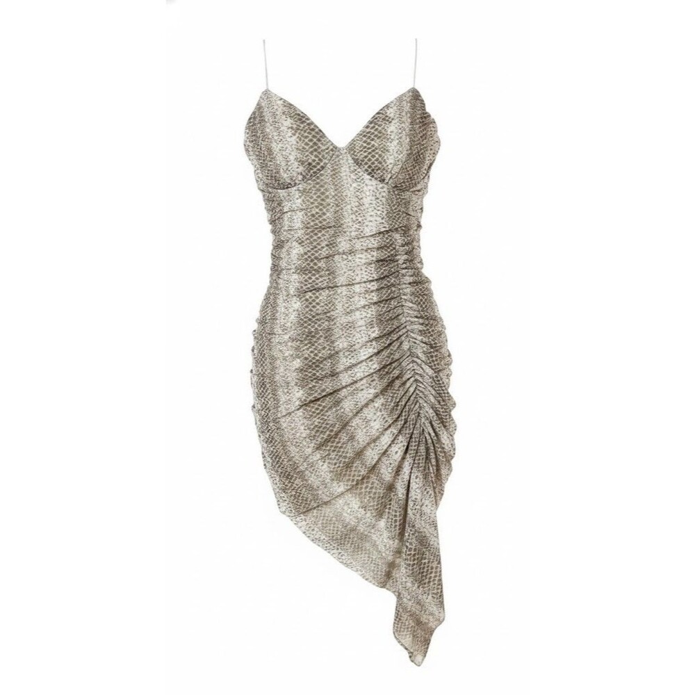 Women's Story On Beige Ruched Animal Print Midi Bodycon Dress Size Large